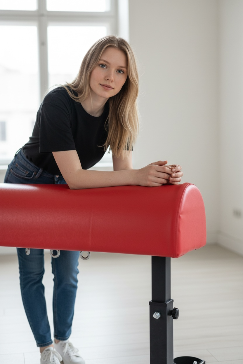 BDSM Bondage Bench met Enkelboei – Rode Spankbank van Staal & PU Leder