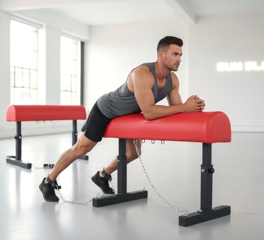 BDSM Bondage Bench met Enkelboei – Rode Spankbank van Staal & PU Leder